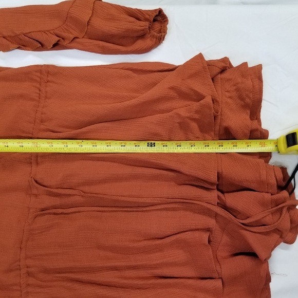 & Merci Woman SzL Romper Ruffle Long Sleeve Drawstring Waist V Neck Burnt Orange - Picture 12 of 13
